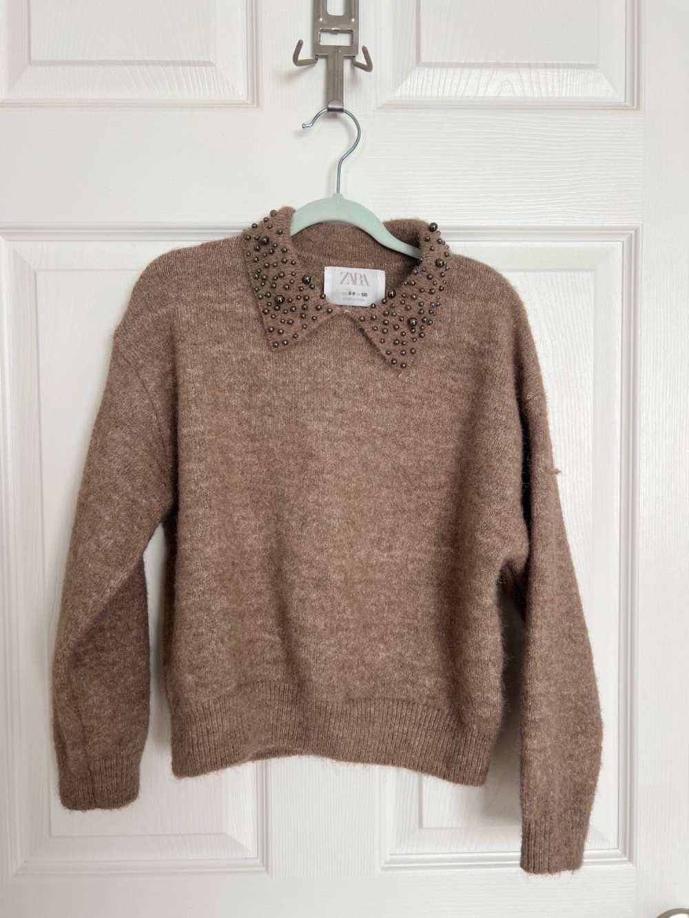 Zara Embellished Collar Tan Sweater - Kids
